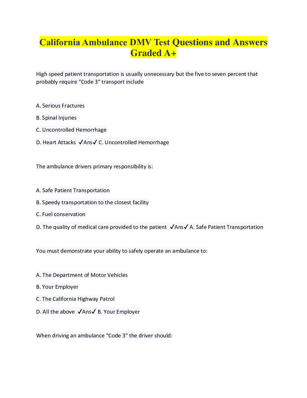 Preview image for California Ambulance DMV Test Questions and Answers Graded A+